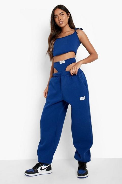 Womens Tessa Brooks Double Layer Branded Oversized Joggers - Blue - L, Blue