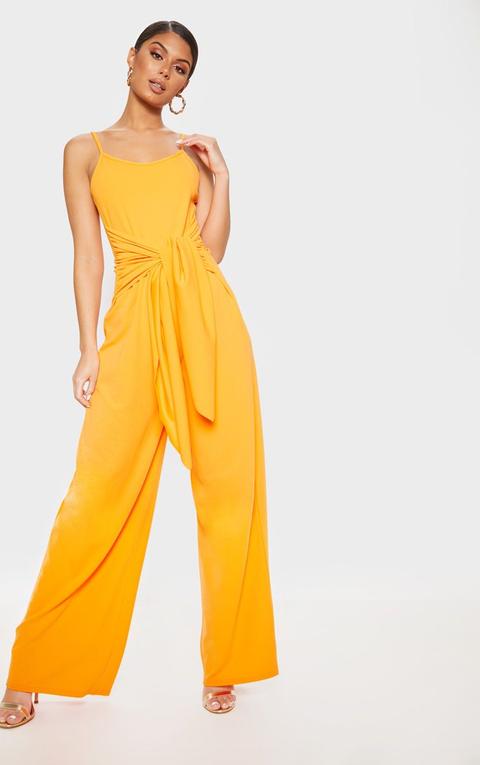 Bright Orange Strappy Tie Waist Wide Leg Jumpsuit, Bright Orange