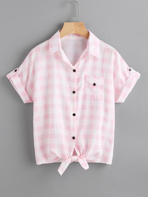 Checkered Knotted Hem Cuffed Shirt With Chest Pocket