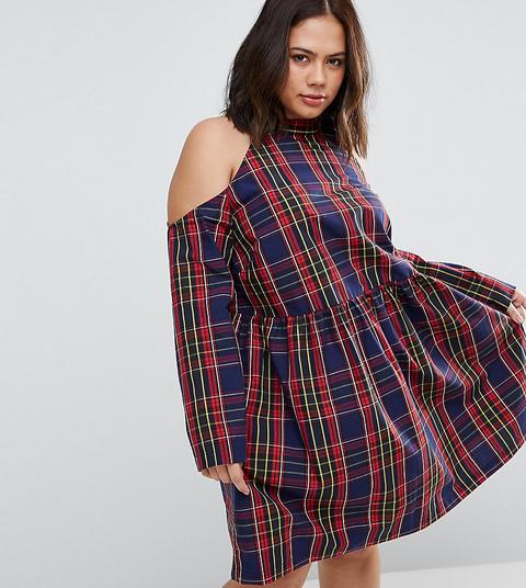 Vestido Amplio Con Hombros Descubiertos De Algodón A Cuadros De Asos Curve