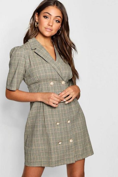 Pearl Button Checked Tailored Blazer Dress