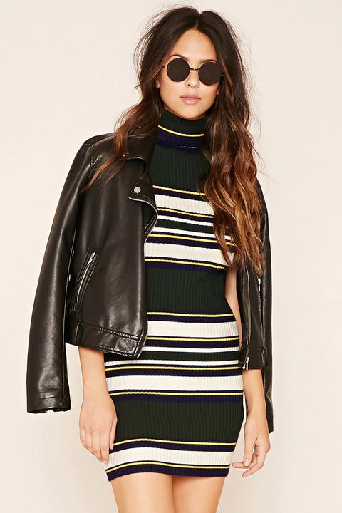 Striped Knit Turtleneck Dress