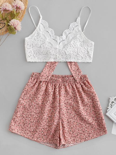Set Pantaloncini Mimetici Con Stampa Floreale In Pizzo Zaful Multi Pink Red