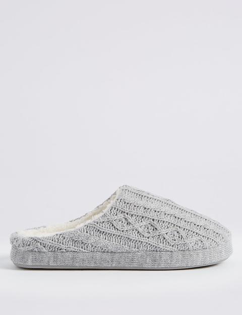 Cable Knit Mule Slippers With Memory 