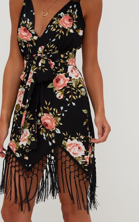 black floral tassel hem midi dress