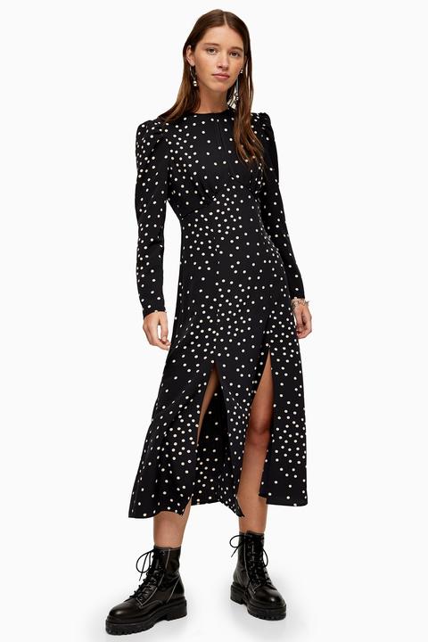 Womens Black Mix Spot Piped Midi Dress - Black, Black