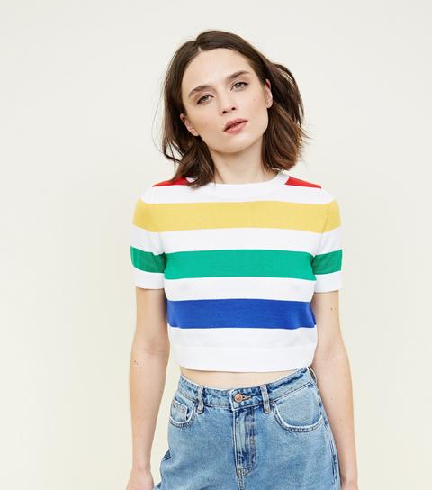 Rainbow Stripe Knit Cropped T-shirt New Look