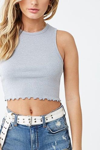 Forever 21 Ribbed Lettuce-edge Cropped Tank Top , Heather Grey