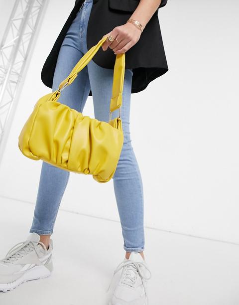 Asos Design Ruched 70s Shoulder Bag With Hardware Strap In Yellow-multi