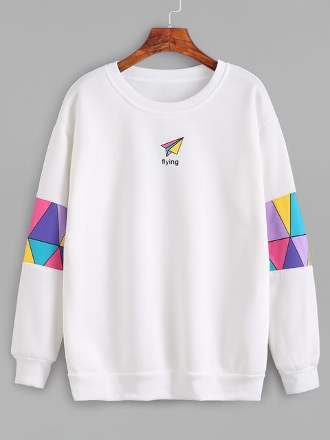 White Patchwork Print Sweatshirt