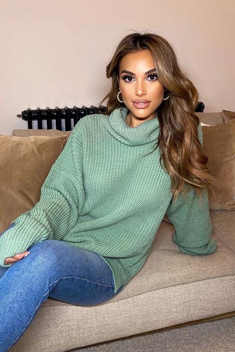 Green Jumpers - Sage Roll Neck Slouchy Jumper