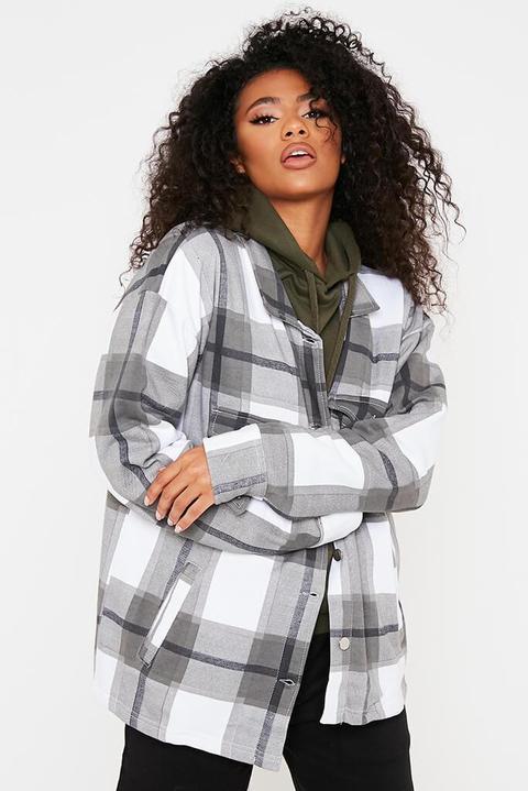 Charcoal Checked Shacket With Front Pockets , Grey