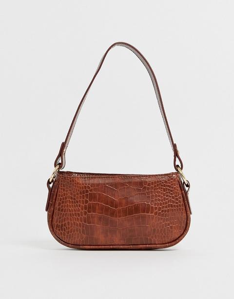 Asos Design Croc Effect 90s Shoulder Bag In Tan