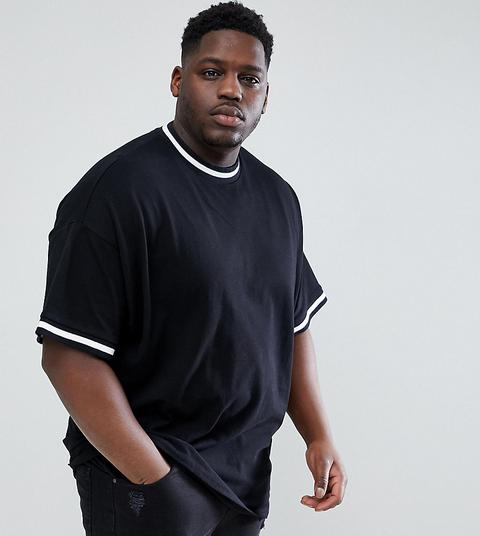 Asos Design Plus - T-shirt Oversize Nera In Piqué Con Bordini A Contrasto - Nero