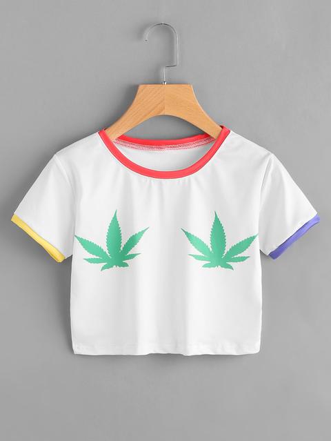 Maple Leaf Print Ringer Crop Tee