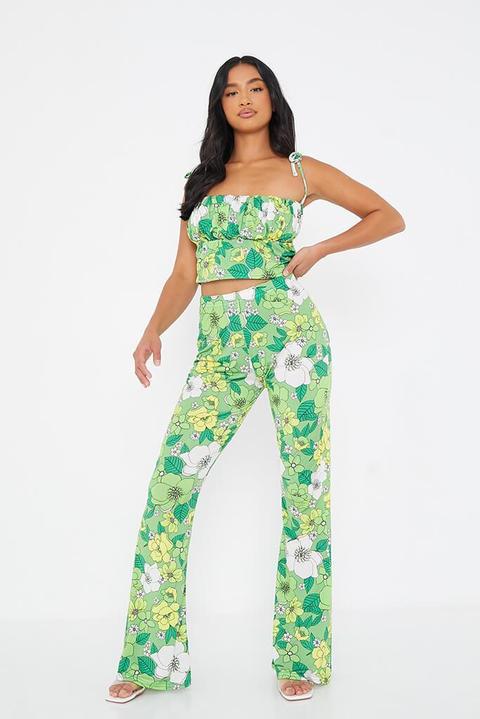 Green Petite Floral Print Slinky Flare Trousers