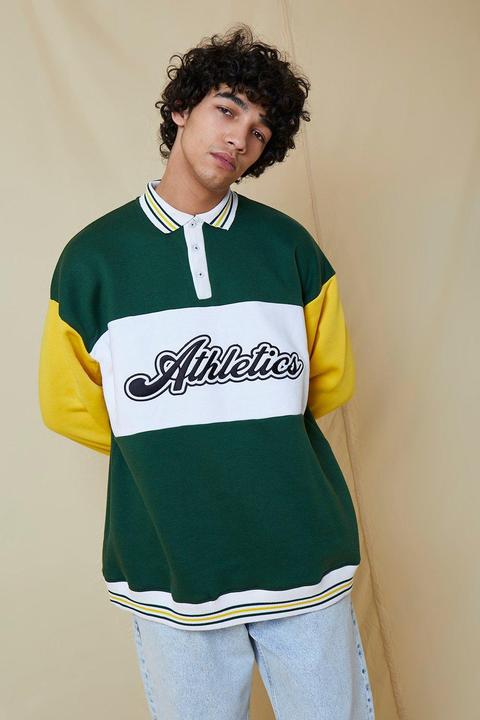 Mens Green Oversized Applique Colour Block Rugby Top, Green