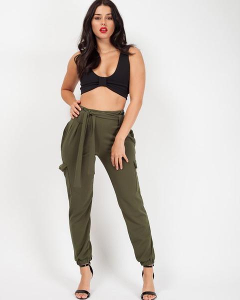Samarah Cargo Pocket Belted Trousers In Khaki