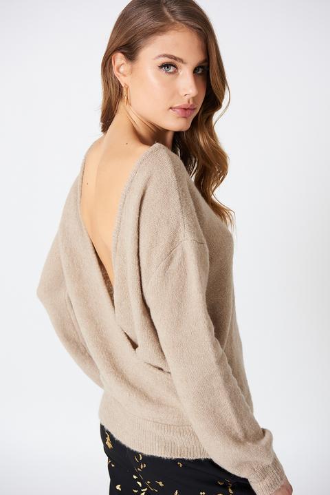 Back Overlap Knitted Sweater Beige