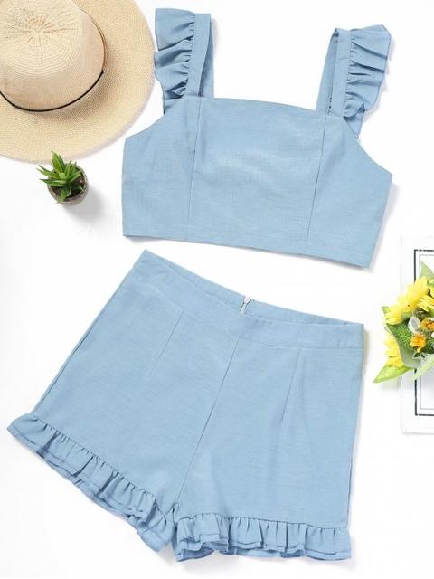 Conjunto De Pantalón Corto Con Cintura Alta Y Espalda Con Volantes Ajustados Light Blue