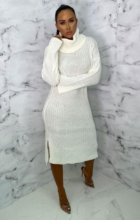 Cream High Neck Knitted Side Split Jumper Dress - Penelope