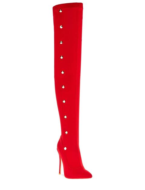 red lycra thigh high boots