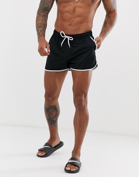 Shorts De Baño Estilo Corredor Negros Con Ribete Blanco En Contraste De Asos Design