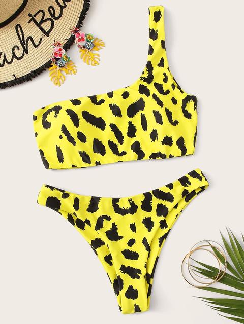 Set De Bikini Con Un Hombro Con Estampado De Leopardo