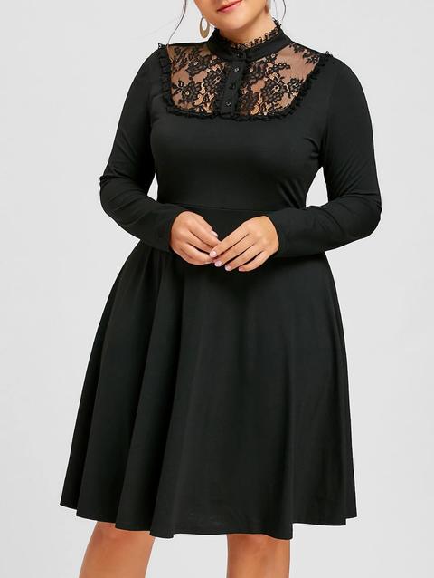 Plus Size Lace Panel Fit And Flare Dress - Black - 5xl