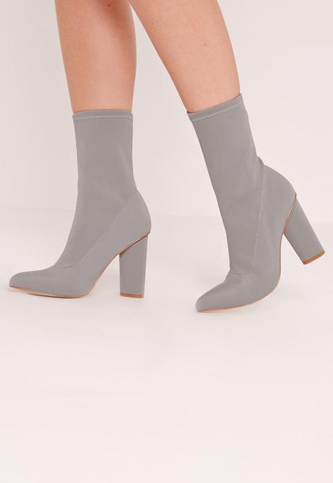 Pointed Toe Neoprene Heeled Ankle Boots Grey