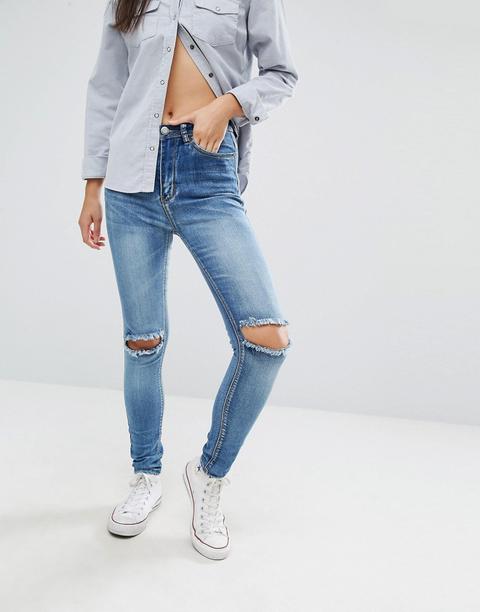 Boohoo - Mom Jeans Slim A Vita Alta - Blu