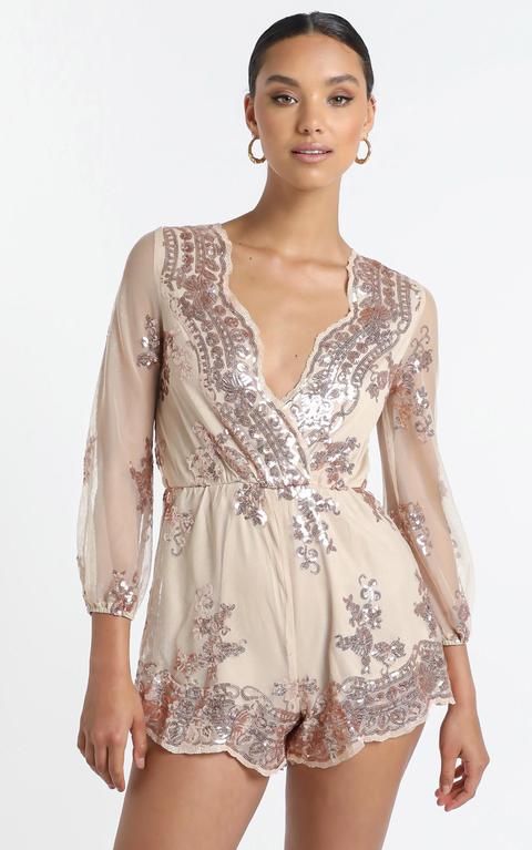 Big Baller Playsuit In Rose Gold Sequin