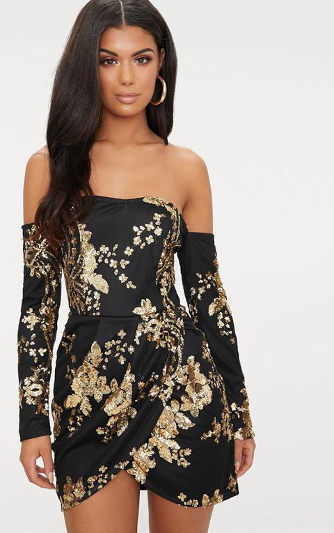 Black Floral Sequin Bardot Bodycon Dress