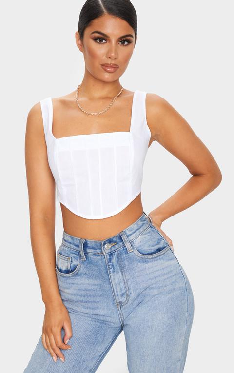 White Woven Pintuck Detail Curved Hem Crop Top