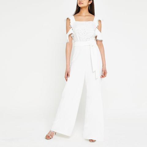 white cold shoulder jumpsuit