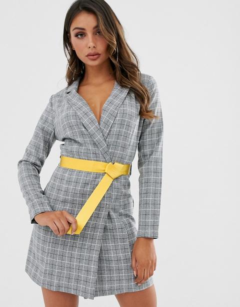 Vestido Estilo Americana A Cuadros Grises Con Cinturón Amarillo En Contraste De Lasula-multicolor