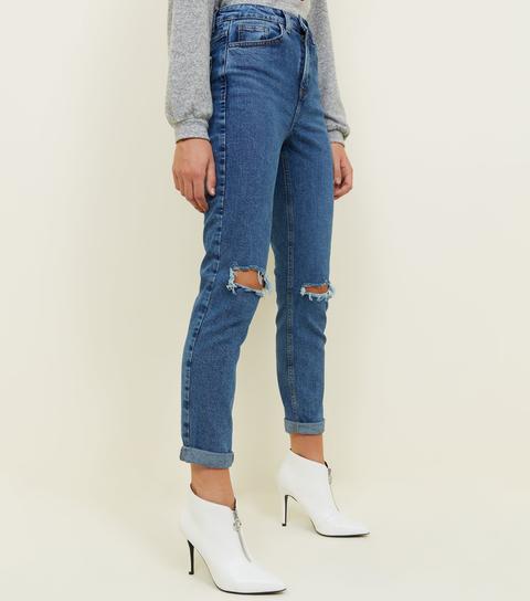 Blue Ripped Knee Slim Leg Tori Mom Jeans New Look