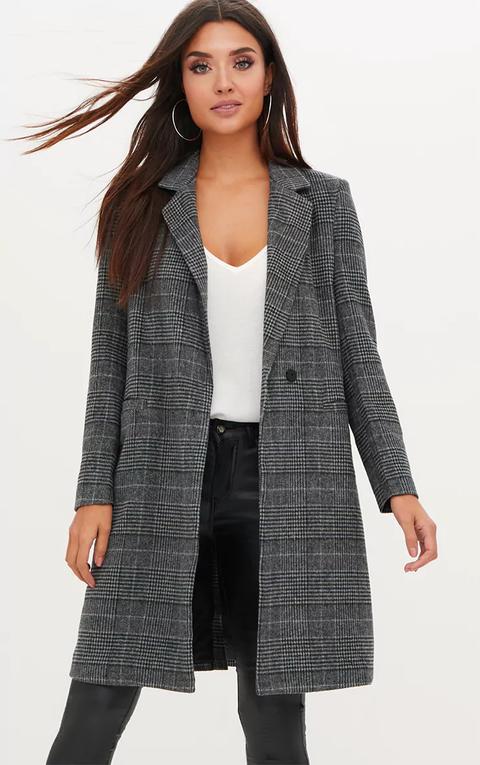 Grey Check Double Breasted Coat, Grey