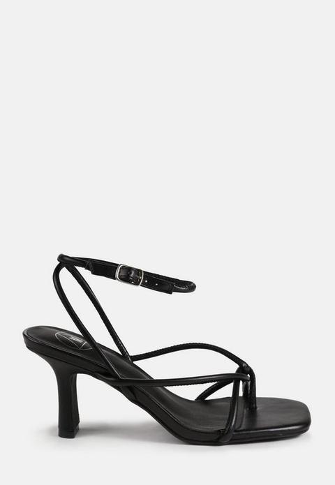 Black Faux Leather Cross Over Asymmetric Mid Heeled Sandals, Black