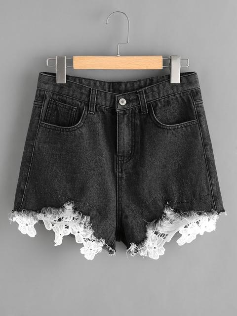 Contrast Crochet Frayed Hem Denim Shorts