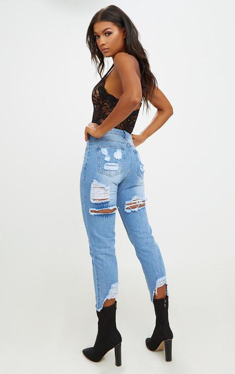 Mid Wash Extreme Back Distressed Rip Straight Leg Jean