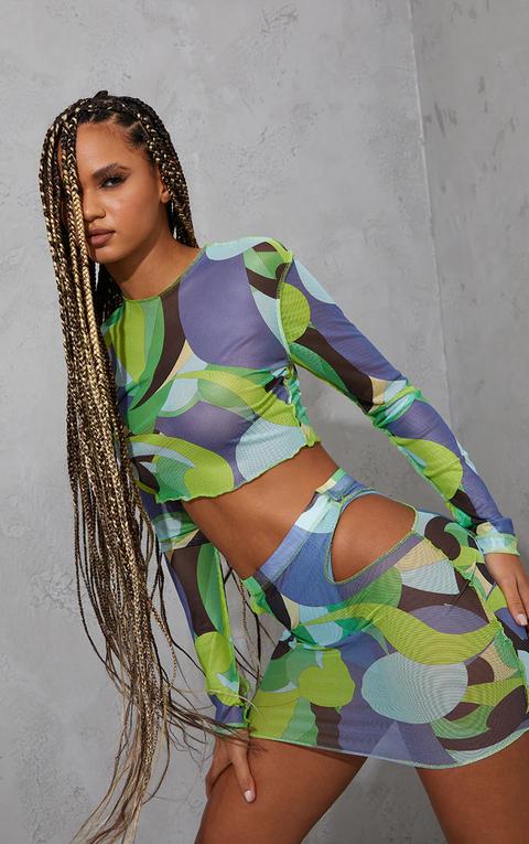 Green Absract Print Sheer Mesh Raw Seam Long Sleeve Crop Top