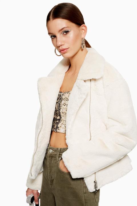 Womens Faux Fur Biker Jacket - Cream, Cream