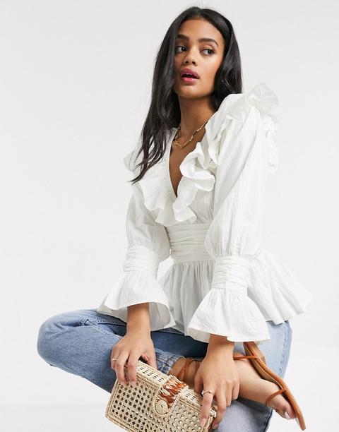 Asos Design Long Sleeve V Neck Top With Ruffle And Ruched Waist Detail In Ivory-white