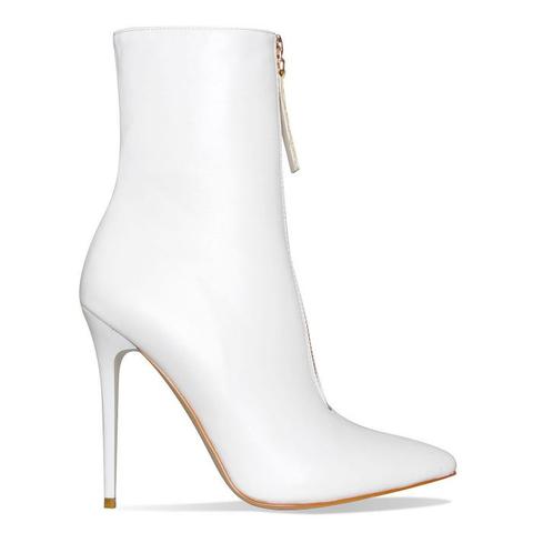 Zeta White Zip Pointed Toe Ankle Boots