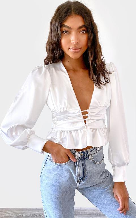 Blouse Satinée Blanche À Taille Froncée Et Boutons, Blanc