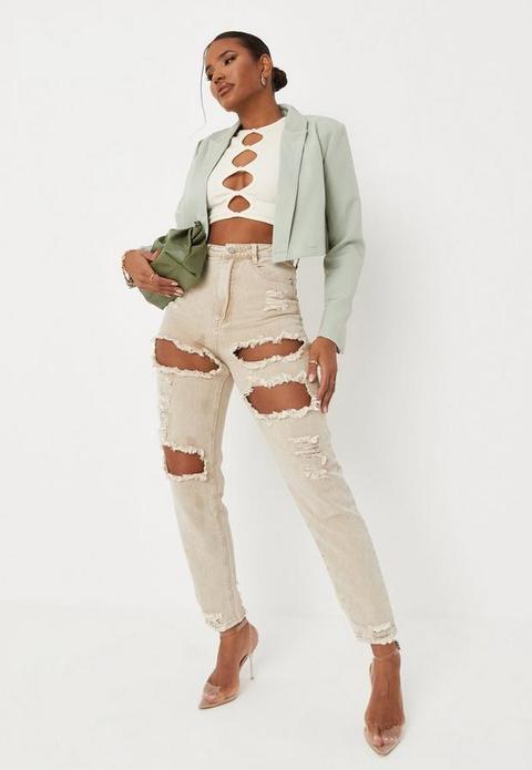 Sand High Rise Extreme Ripped Rigid Mom Jeans, Stone