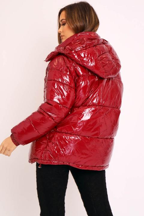 red wet look puffer coat