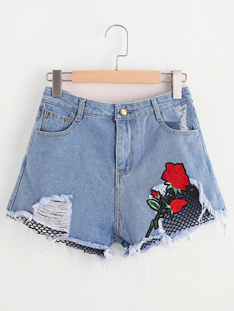 Rose Embroidered Applique Contrast Fishnet Ripped Shorts