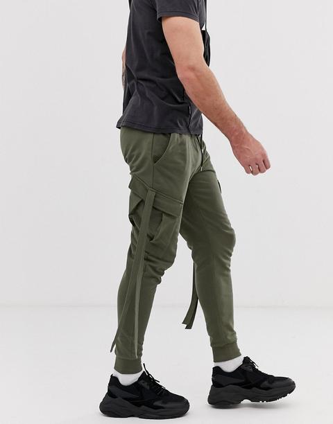 Joggers Ajustados Con Bolsillos Cargo Y Tiras En Caqui De Asos Design-verde